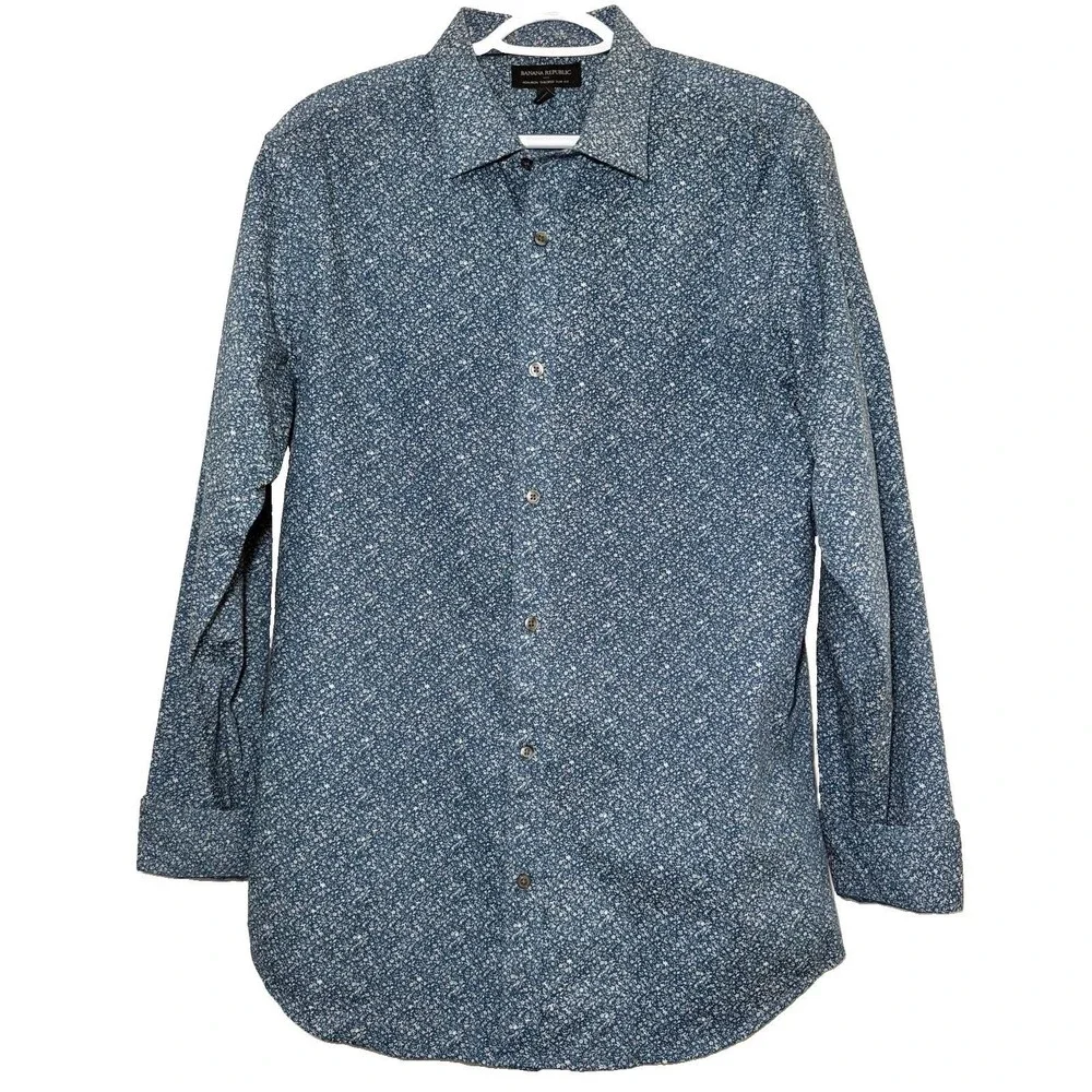 Banana Republic Non Iron Slim Fit Shirt Large 16-16.5 34/35 Blue Floral Cotton